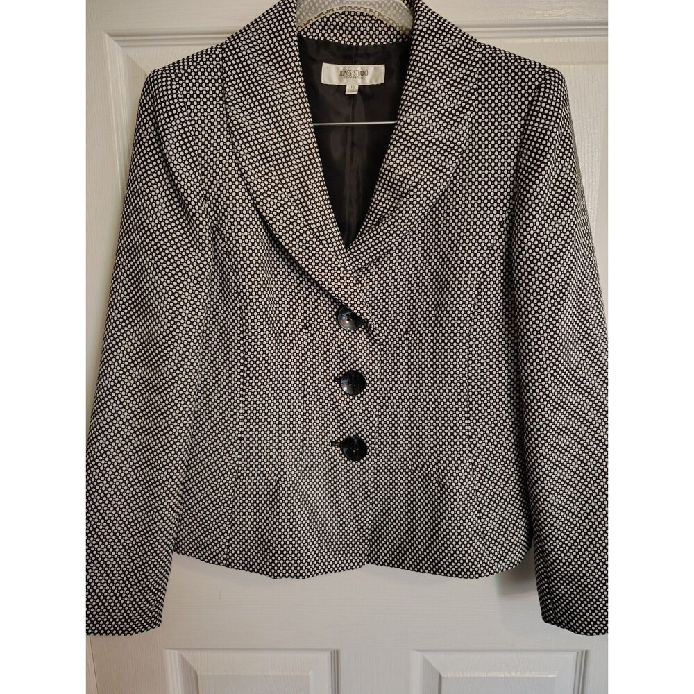Jones Studio Women's Black/White Geometric 3-Button Lined Blazer Jacket 10